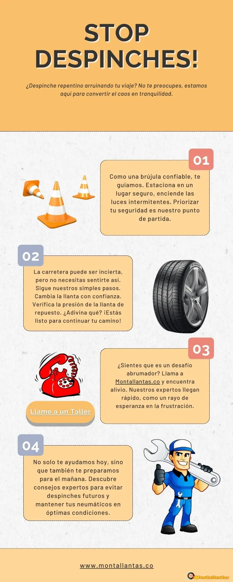 Infografía Stop Despinches: orilla seguro, cambia la llanta, llama a un taller, prevén el próximo pinchazo